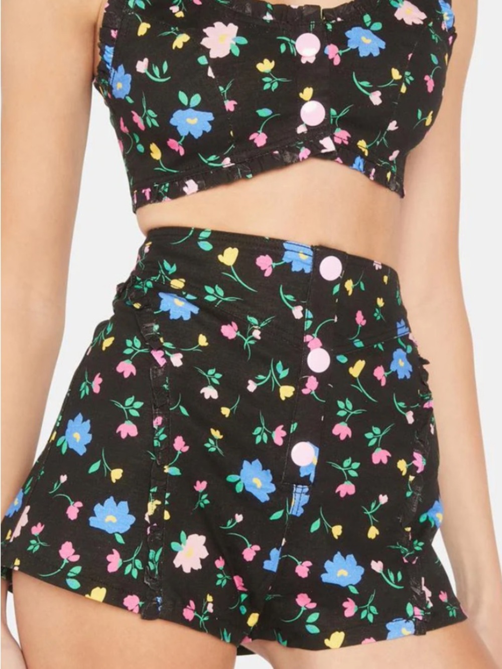For Love And Lemons Black Floral High-Rise Shorts with Pastel Buttons